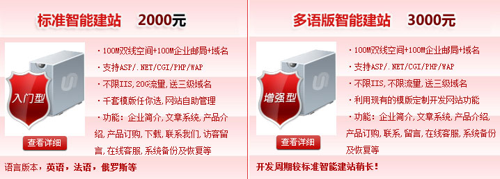 標(biāo)準(zhǔn)智能建站2000元，多語(yǔ)版智能建站3000元100M雙線空間+100M企業(yè)郵局+域名·支持ASP/.NET/CGI/PHP/WAP·不限IIS,不限流量。智能建站系統(tǒng)“魔方”價(jià)格介紹! 熱線電話：400-697-8610 01062199213